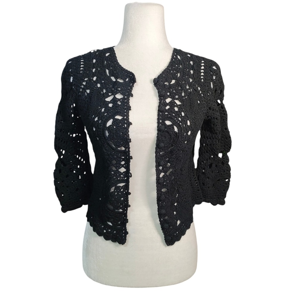 Max Azria Collection Black Crochet Floral Cardigan Shrug Luxury Goth Cotton XS
